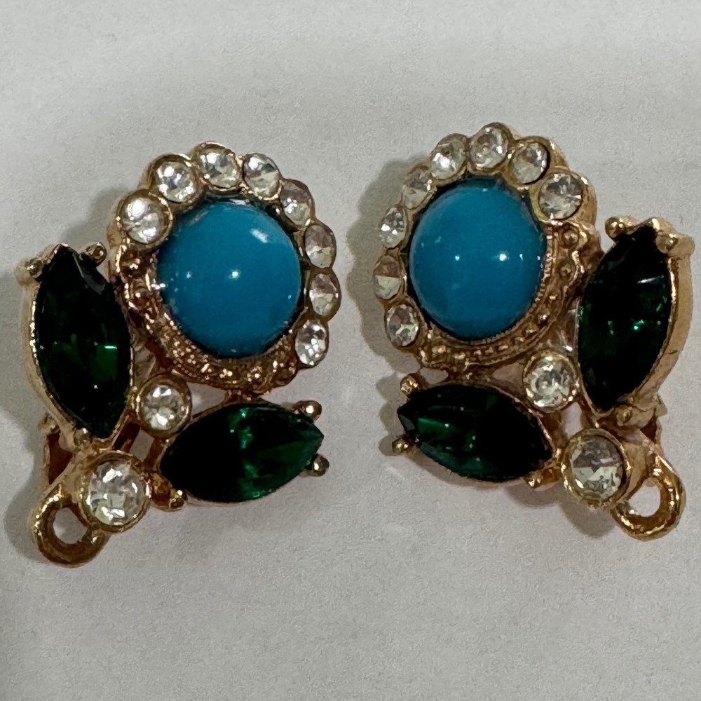 Sarah Coventry Maharani Clip On Earrings Women Gold Turquoise Green Rhinestone